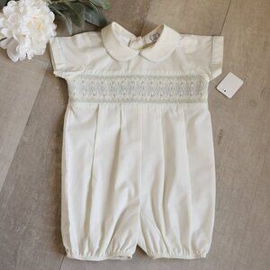 Yellow Smocked Romper Creeper Embroidery Blue Piping Boutique 9 Months New